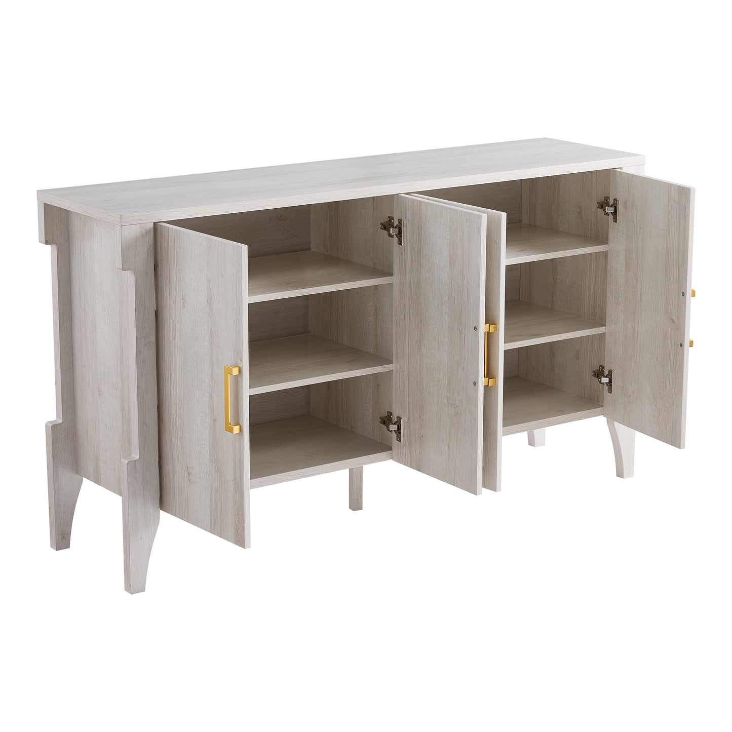 Right angled transitional white oak four-door six-shelf buffet with doors open on a white background