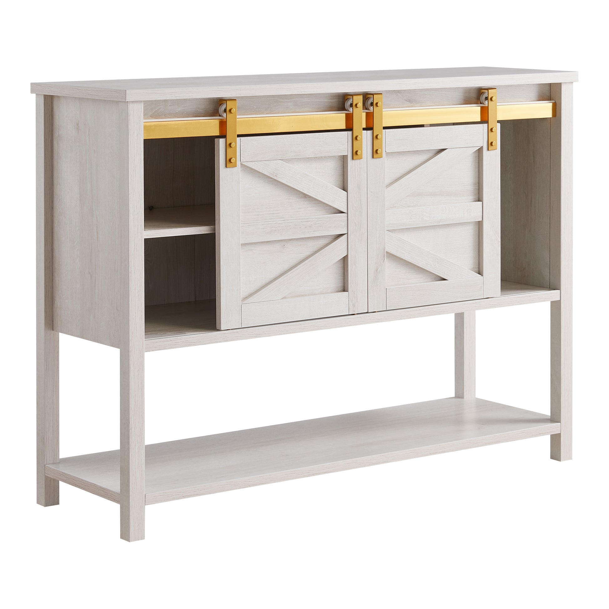 Right angled modern farmhouse white oak sliding door four-shelf buffet with doors centered on a white background