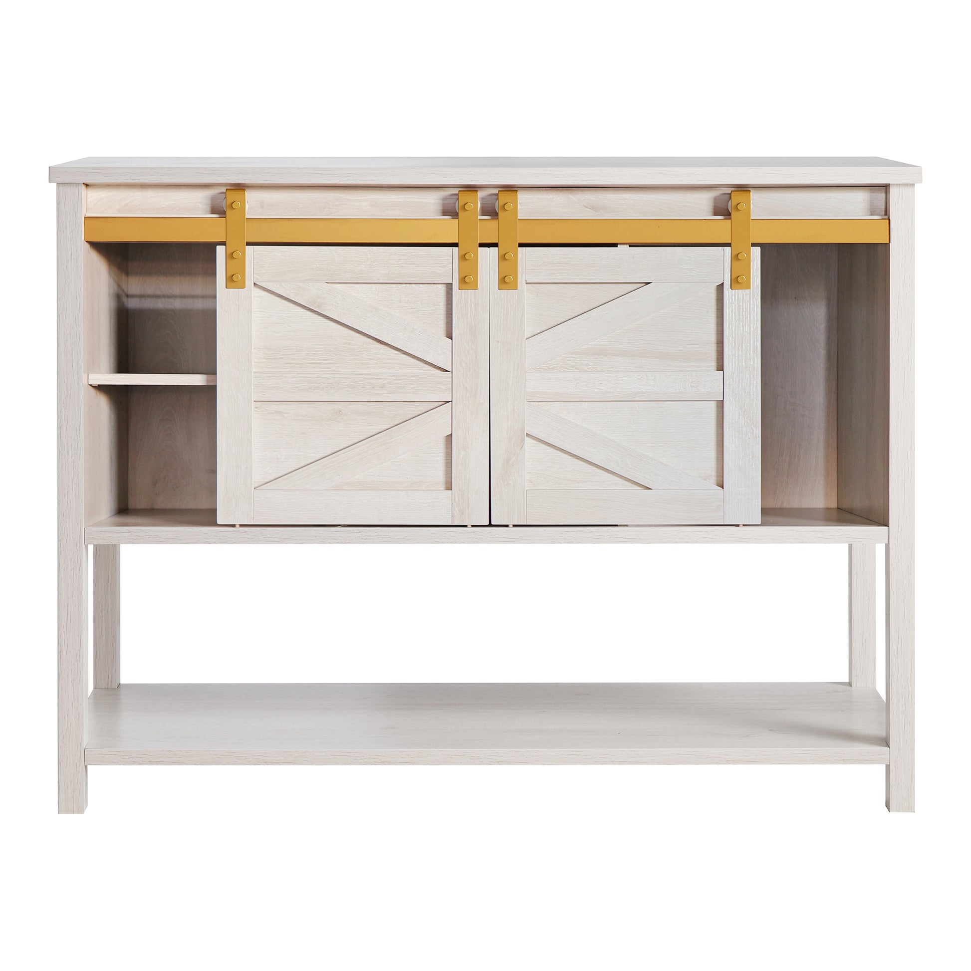 Front-facing modern farmhouse white oak sliding door four-shelf buffet with doors centered on a white background