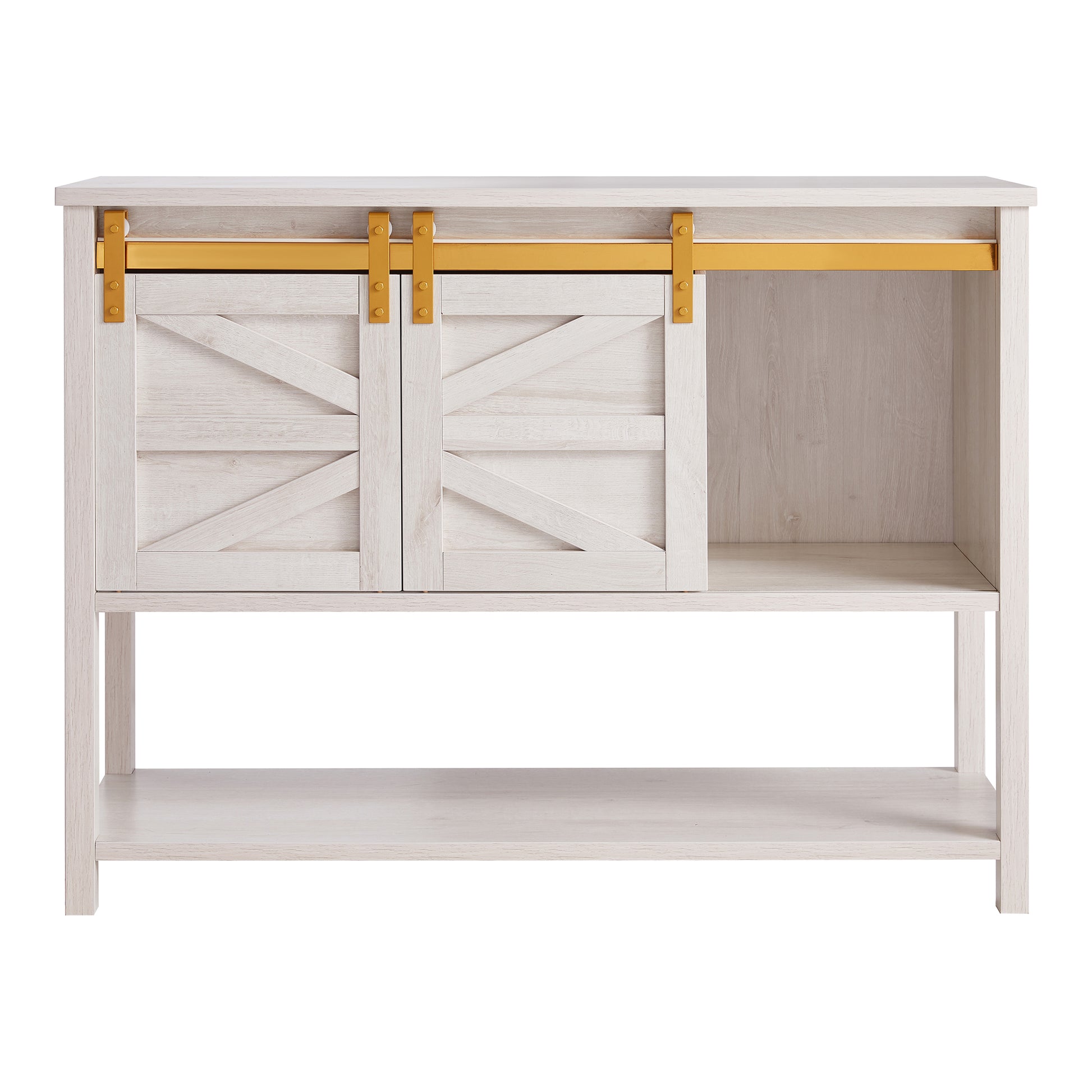 Front-facing modern farmhouse white oak sliding door four-shelf buffet with doors to one side on a white background