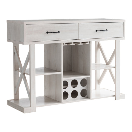 Right angled modern farmhouse white oak two-drawer four-shelf wine bar with bottle and stemware racks on a white background
