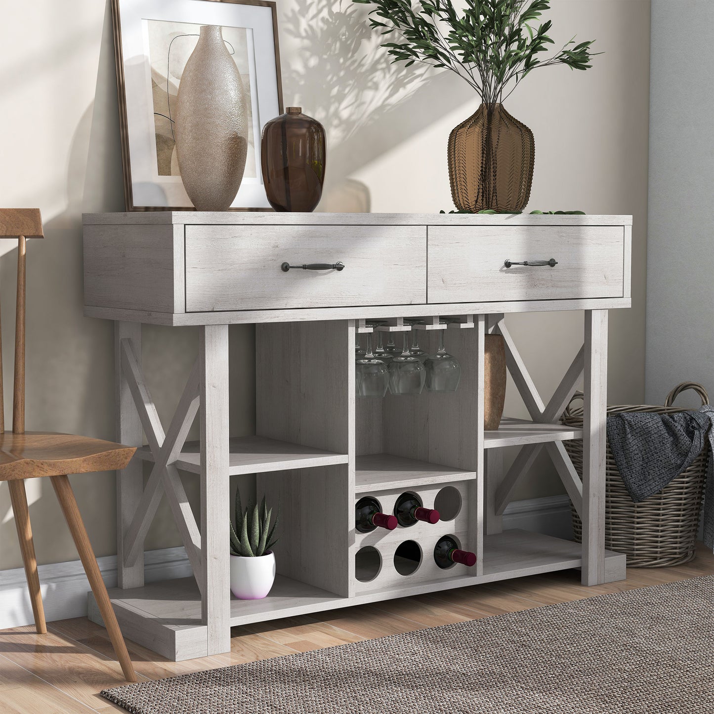 Right angled modern farmhouse white oak two-drawer four-shelf wine bar with bottle and stemware racks in a living area with accessories