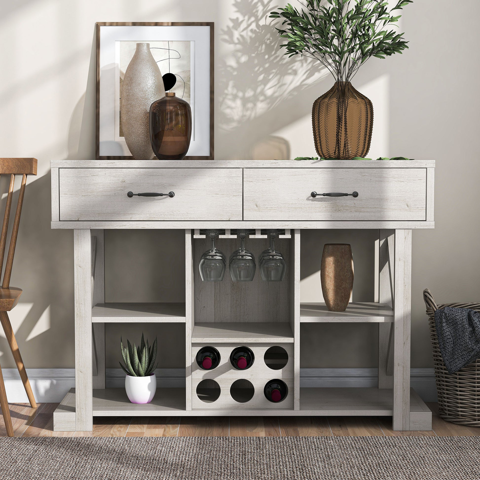 Front-facing modern farmhouse white oak two-drawer four-shelf wine bar with bottle and stemware racks in a living area with accessories