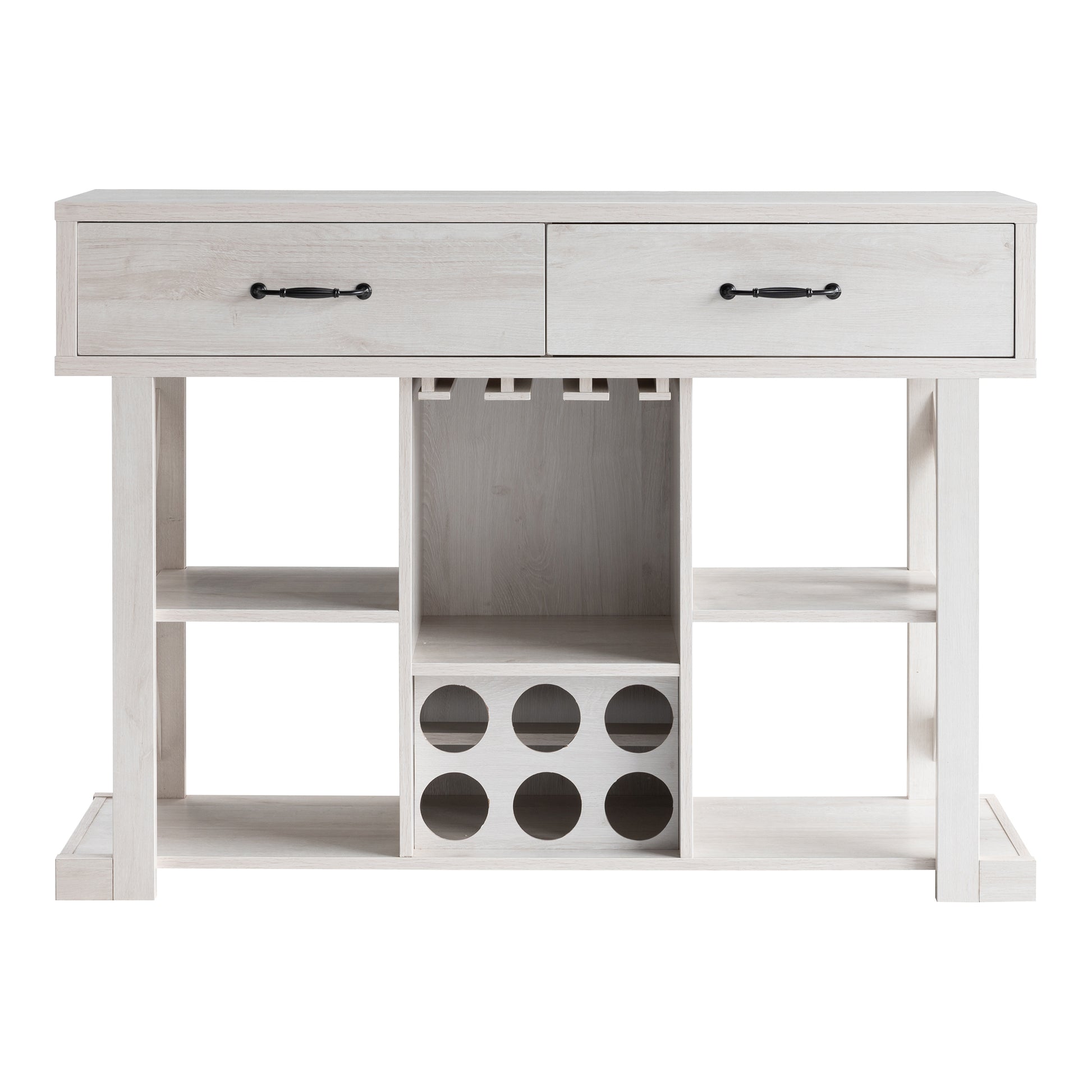 Front-facing modern farmhouse white oak two-drawer four-shelf wine bar with bottle and stemware racks on a white background
