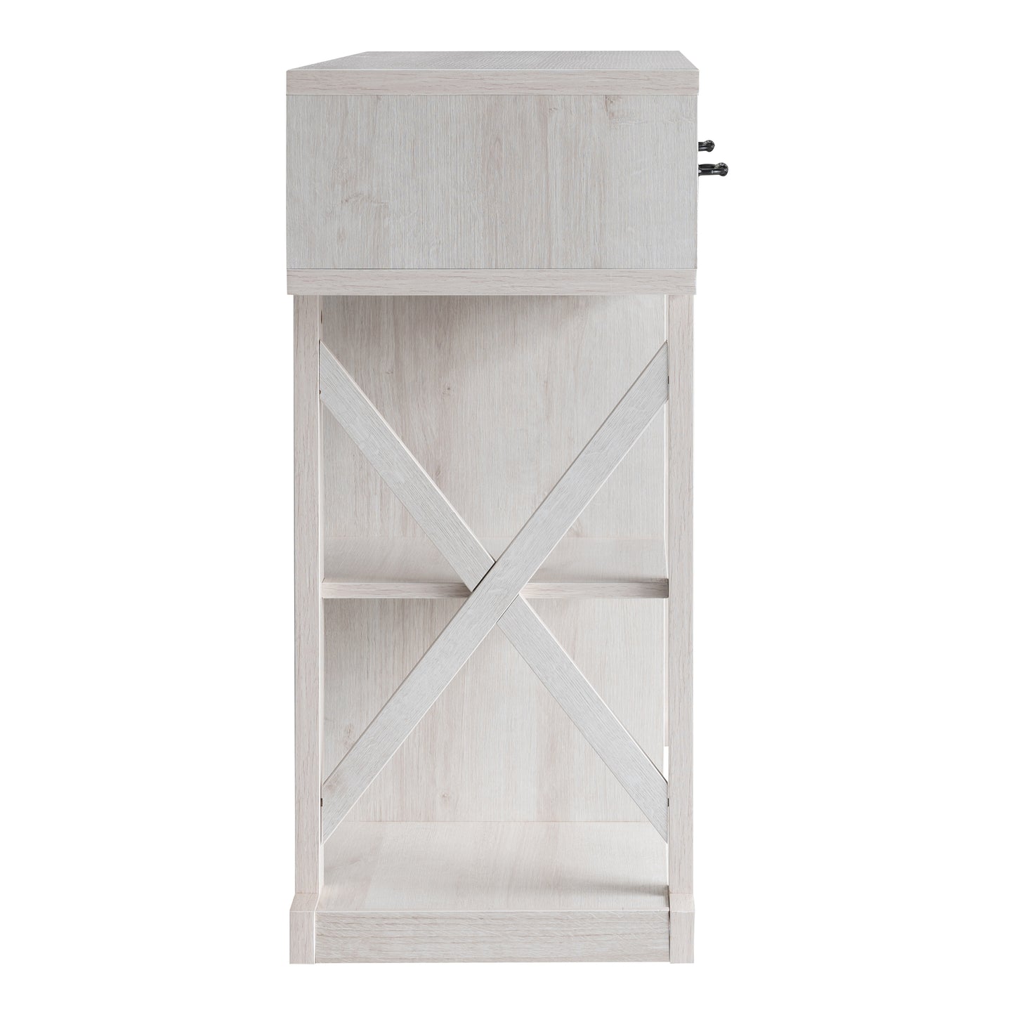 Front-facing side view of a modern farmhouse white oak two-drawer four-shelf wine bar with bottle and stemware racks on a white background