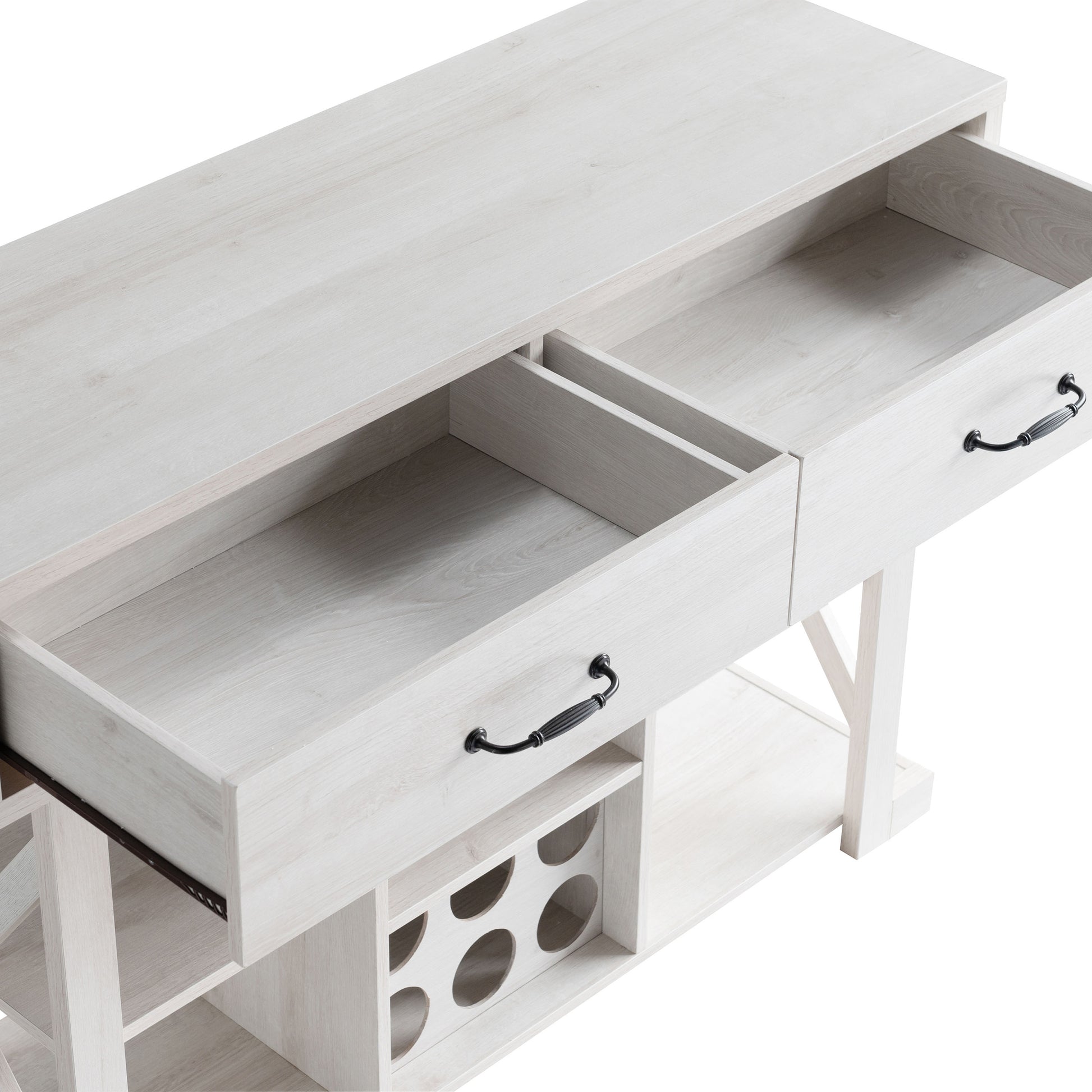 Right angled upper view close-up of a modern farmhouse white oak two-drawer four-shelf wine bar with bottle and stemware racks and drawers open on a white background