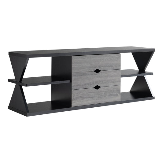 Right angled modern black and distressed gray three-drawer TV stand on a white background