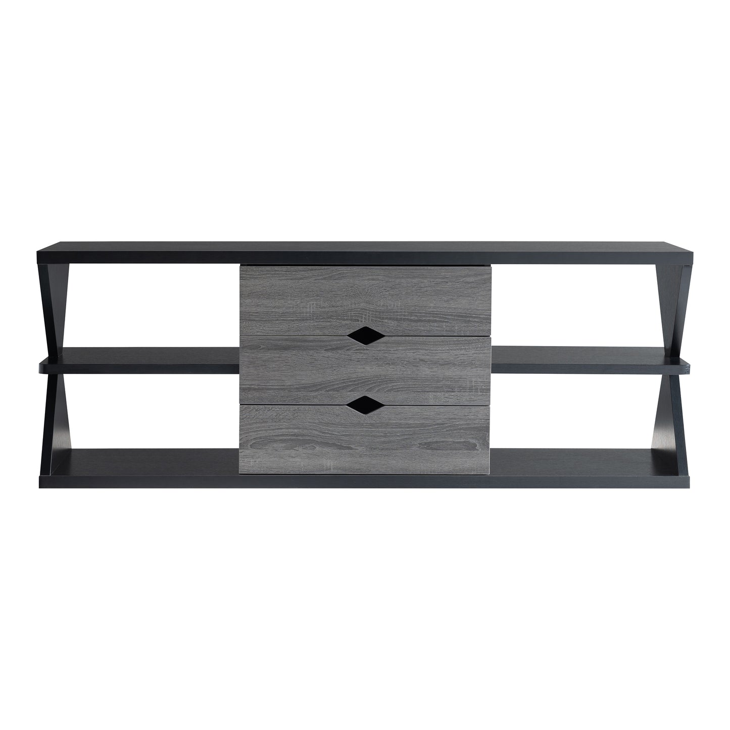 Front-facing modern black and distressed gray three-drawer TV stand on a white background