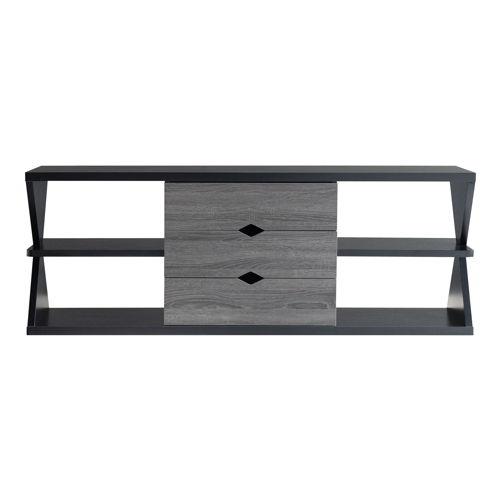 Front-facing modern black and distressed gray three-drawer TV stand on a white background