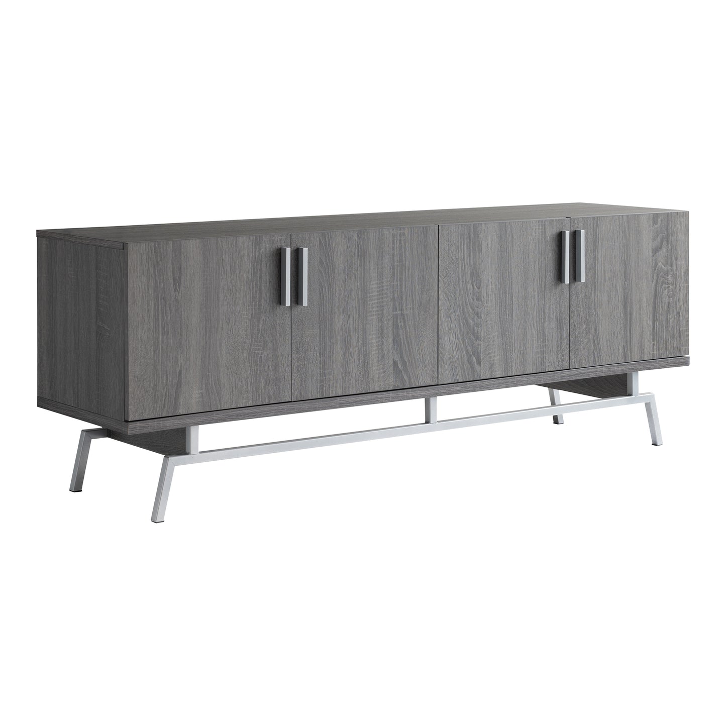 Right angled modern distressed gray and silver four-door TV stand on a white background