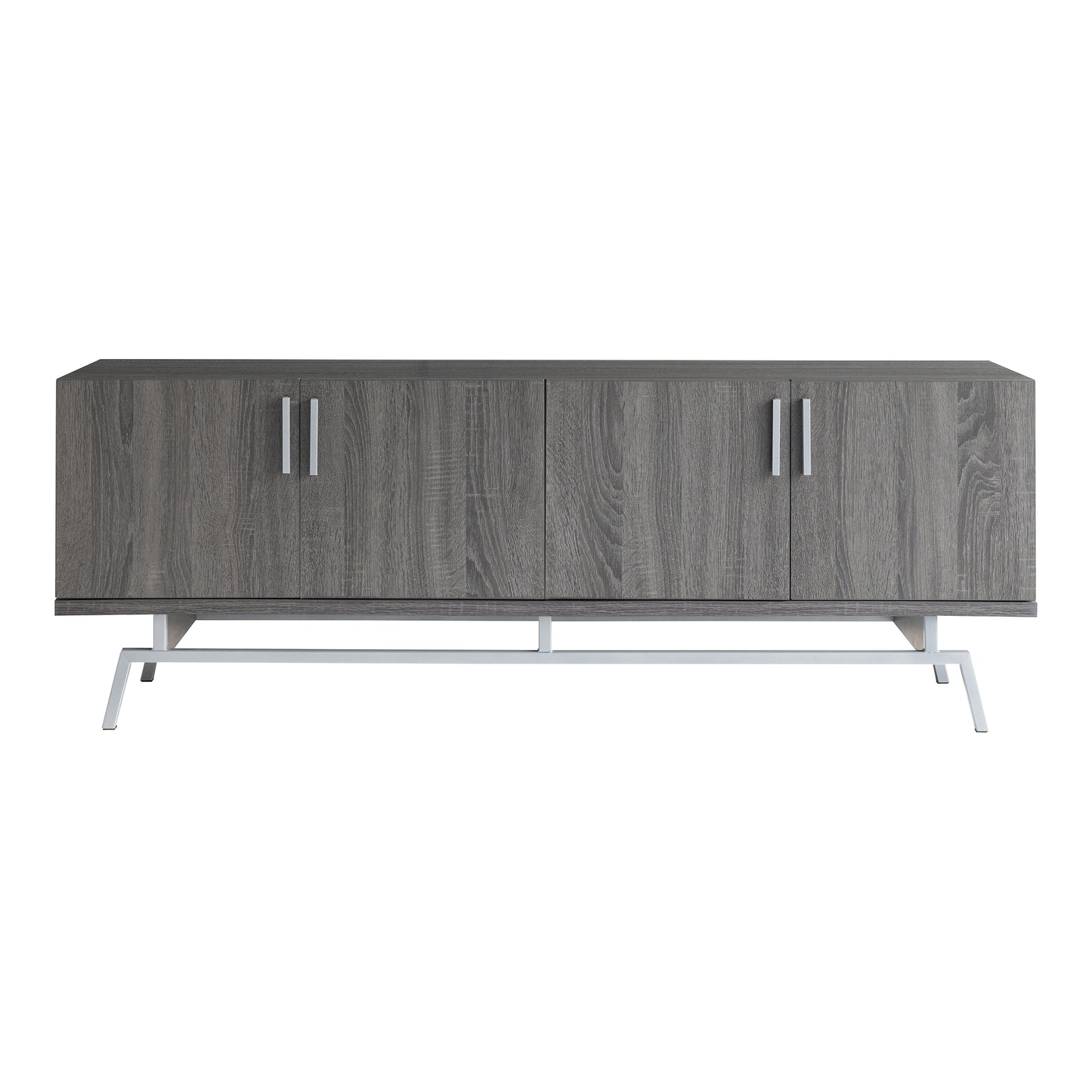 Front-facing modern distressed gray and silver four-door TV stand on a white background