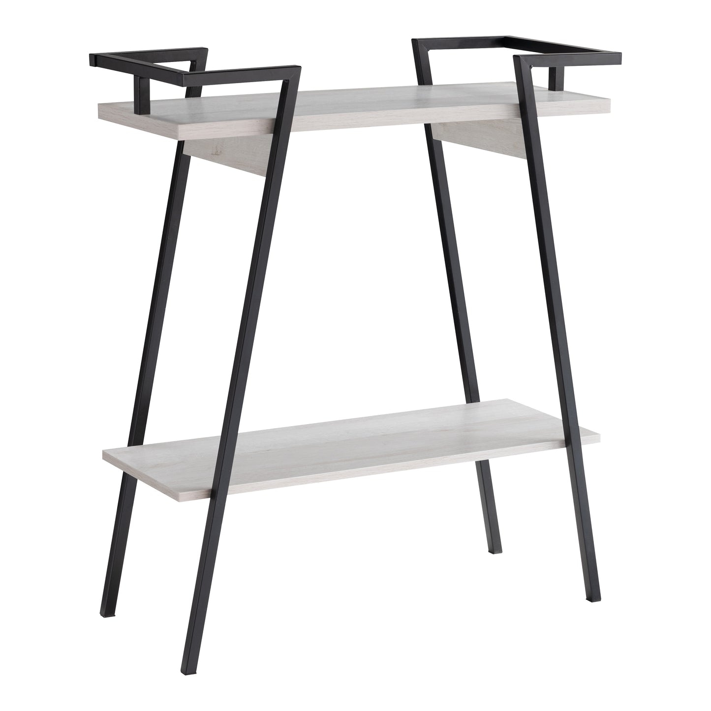 Right angled urban industrial white oak and black two-shelf geometric console table on a white background
