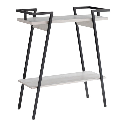 Right angled urban industrial white oak and black two-shelf geometric console table on a white background