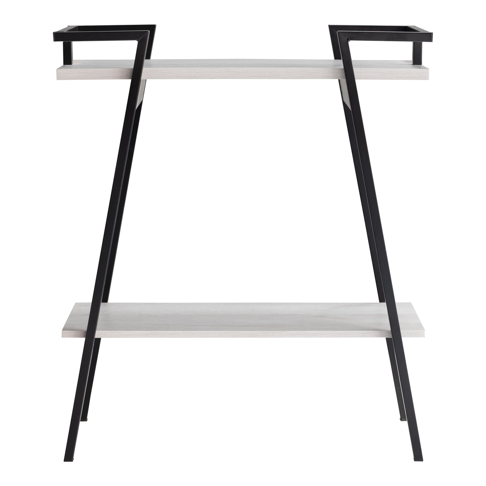 Front-facing urban industrial white oak and black two-shelf geometric console table on a white background