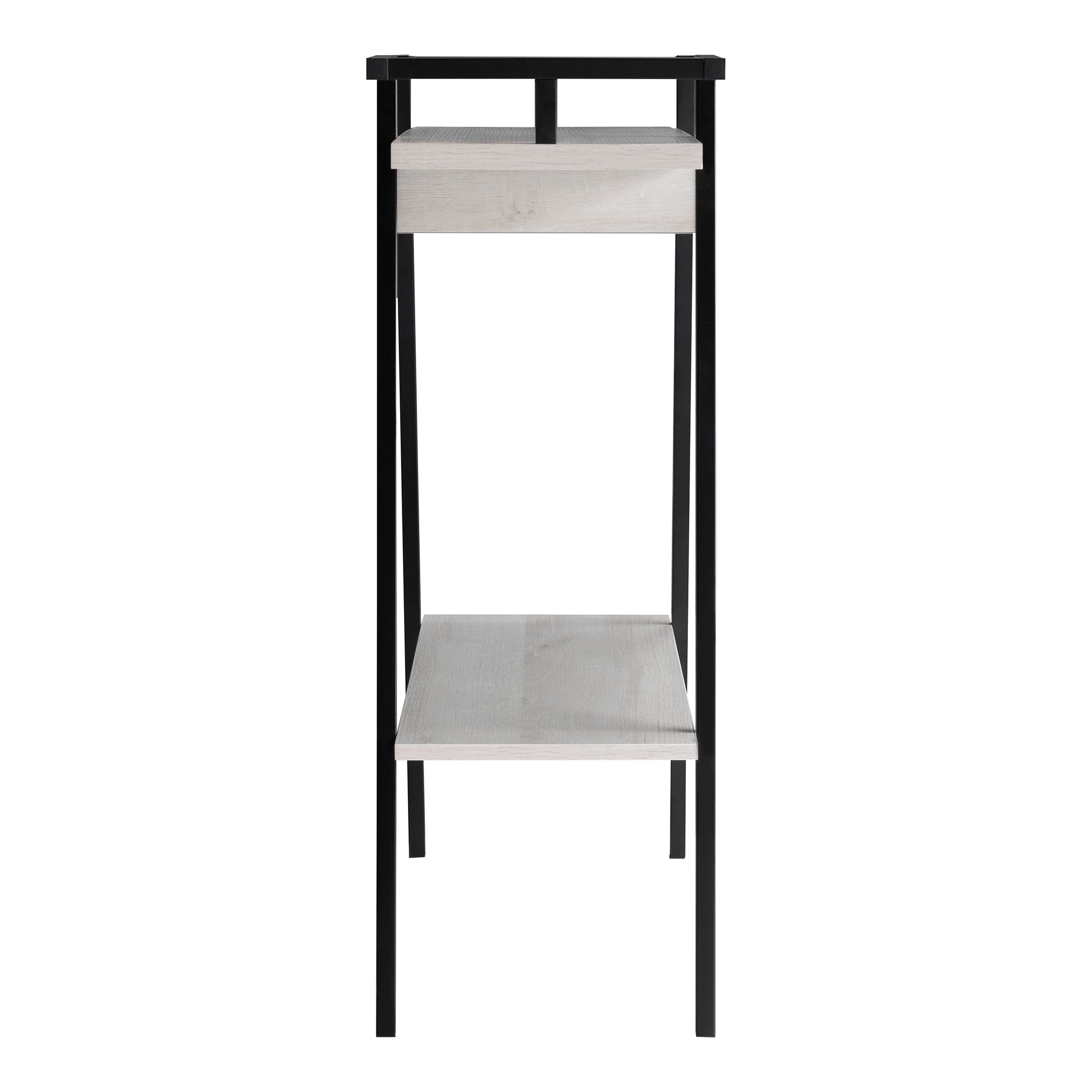 Front-facing side view of an urban industrial white oak and black two-shelf geometric console table on a white background