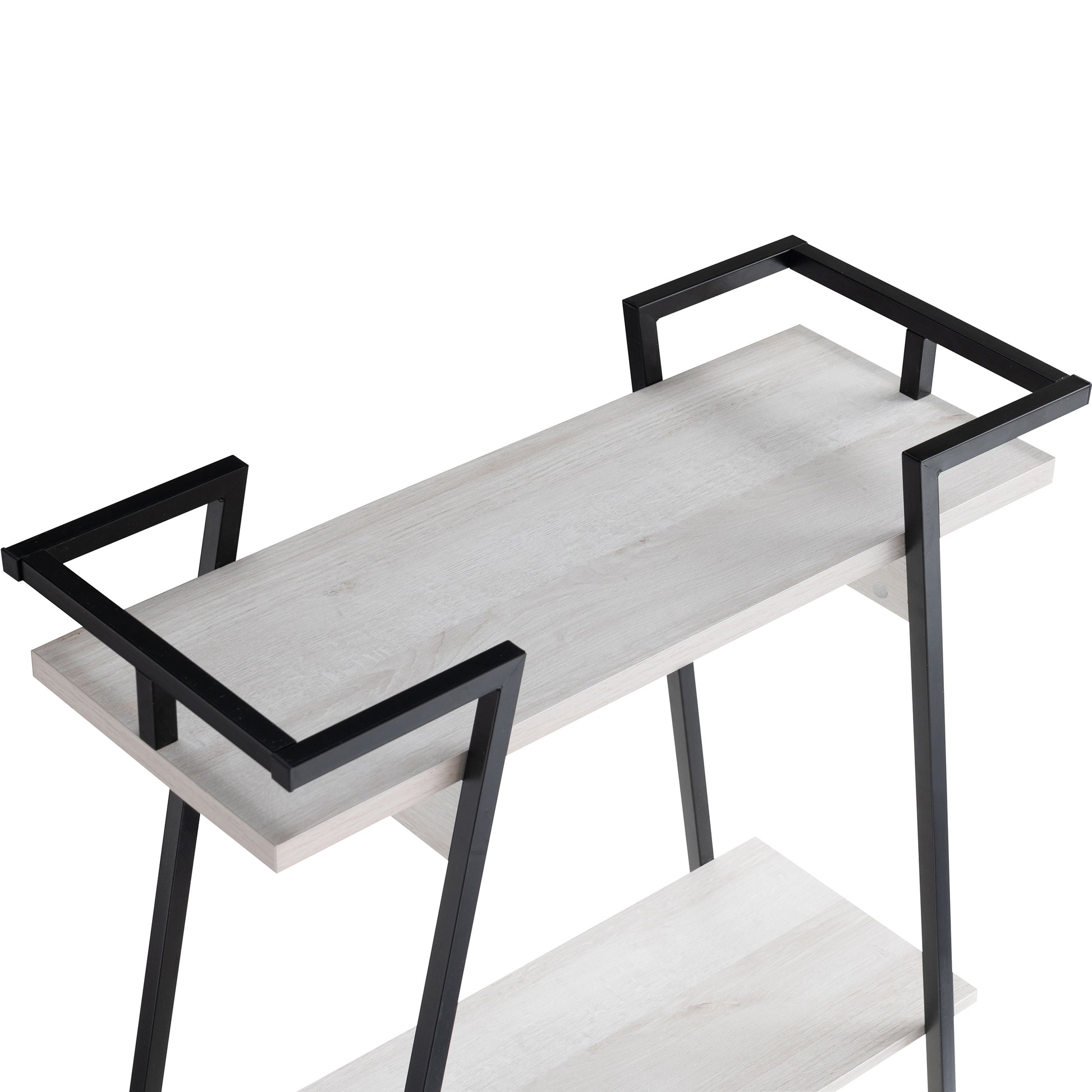 Right angled close-up shelf view of an urban industrial white oak and black two-shelf geometric console table on a white background