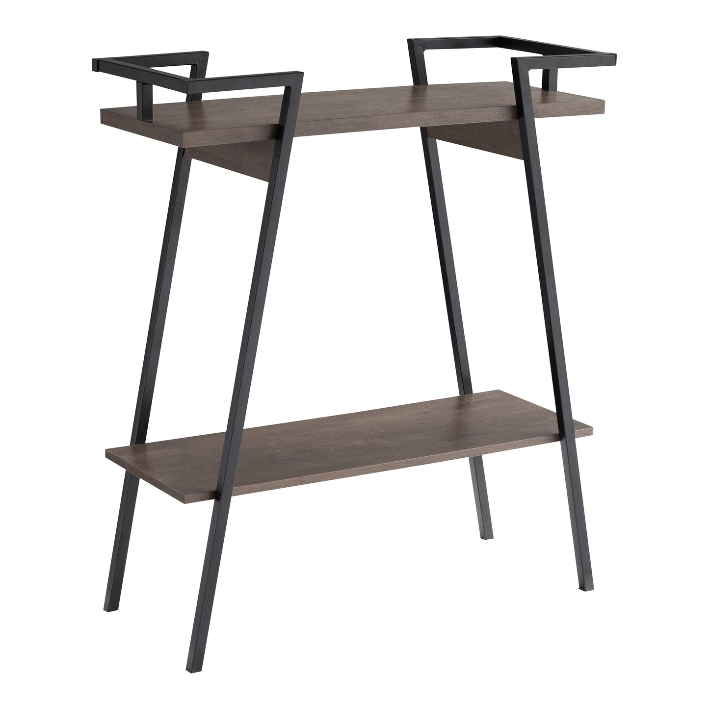 Right angled urban industrial walnut oak and black two-shelf geometric console table on a white background