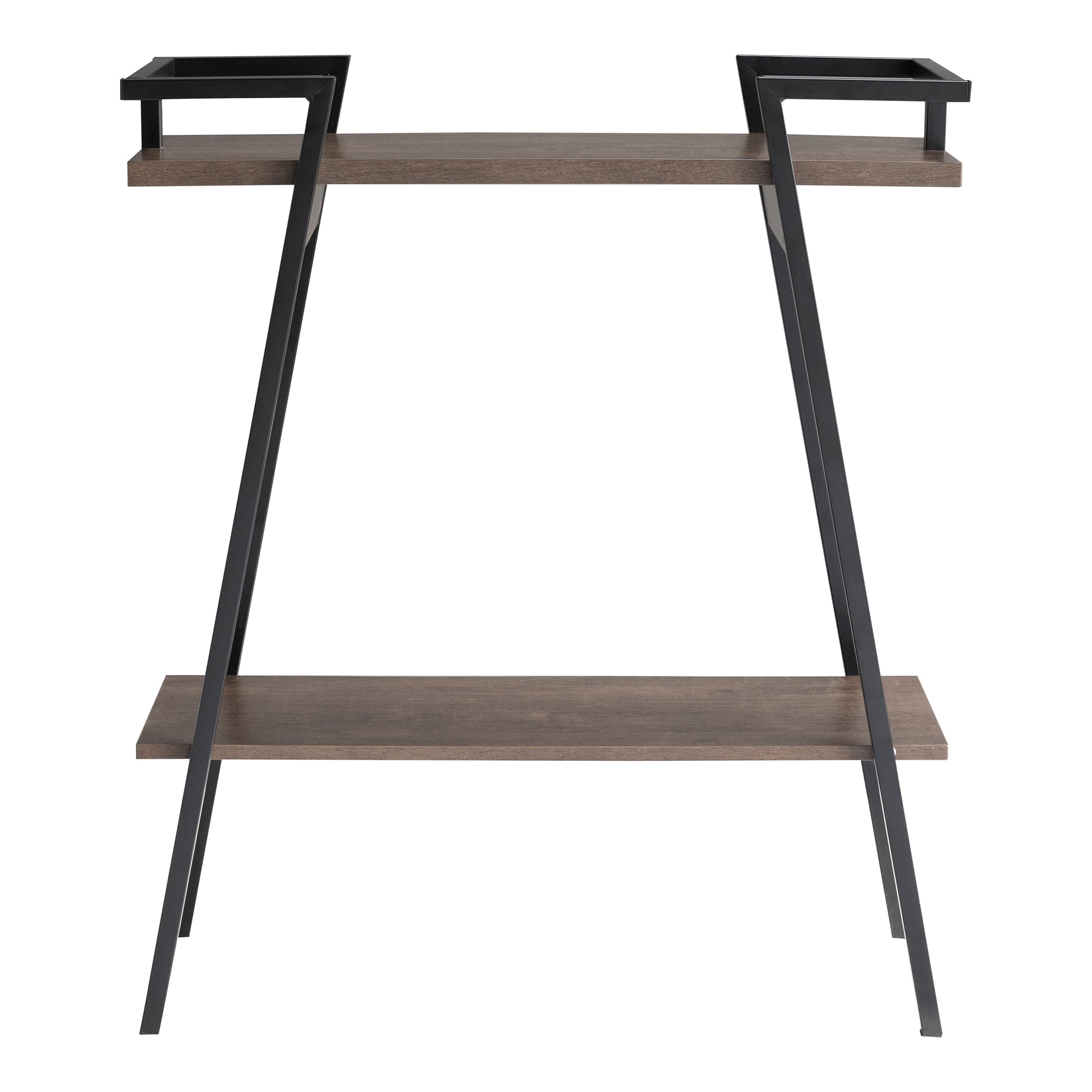 Front-facing urban industrial walnut oak and black two-shelf geometric console table on a white background