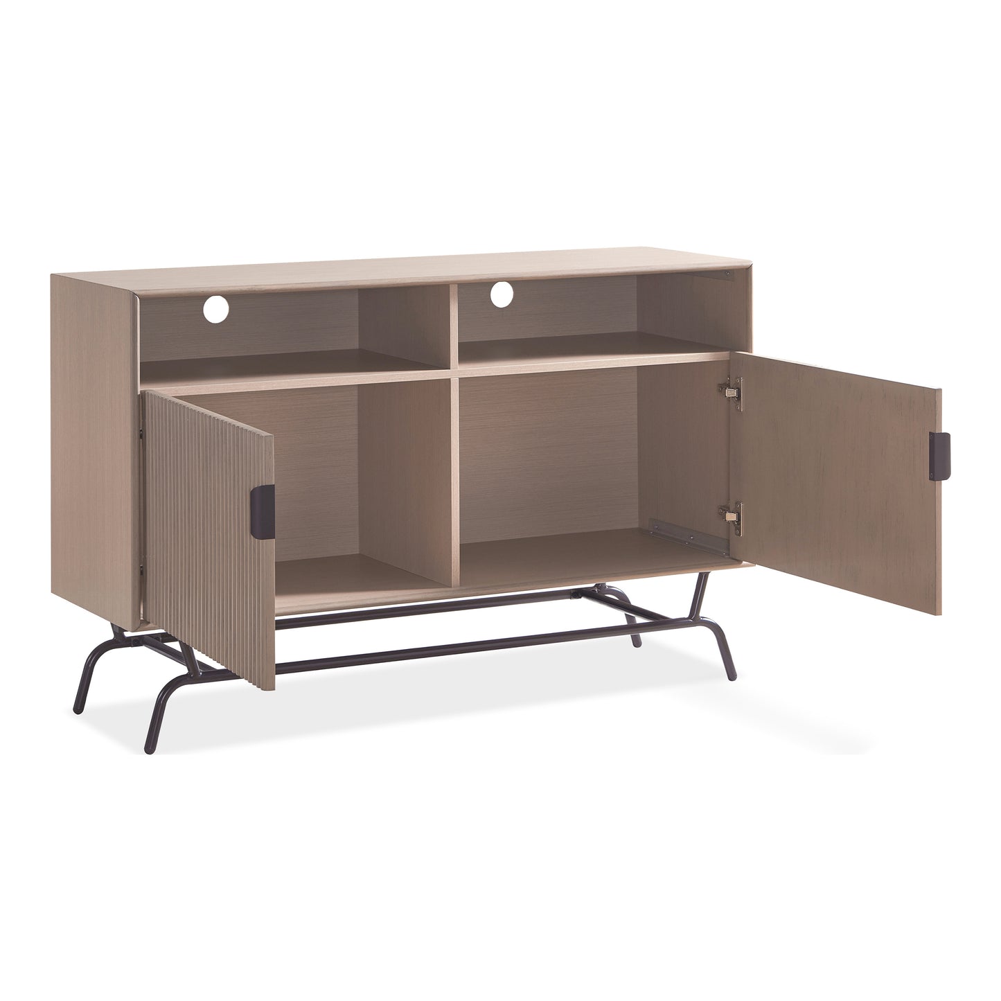 Right angled modern brushed pink two-shelf two-door TV stand with doors open on a white background