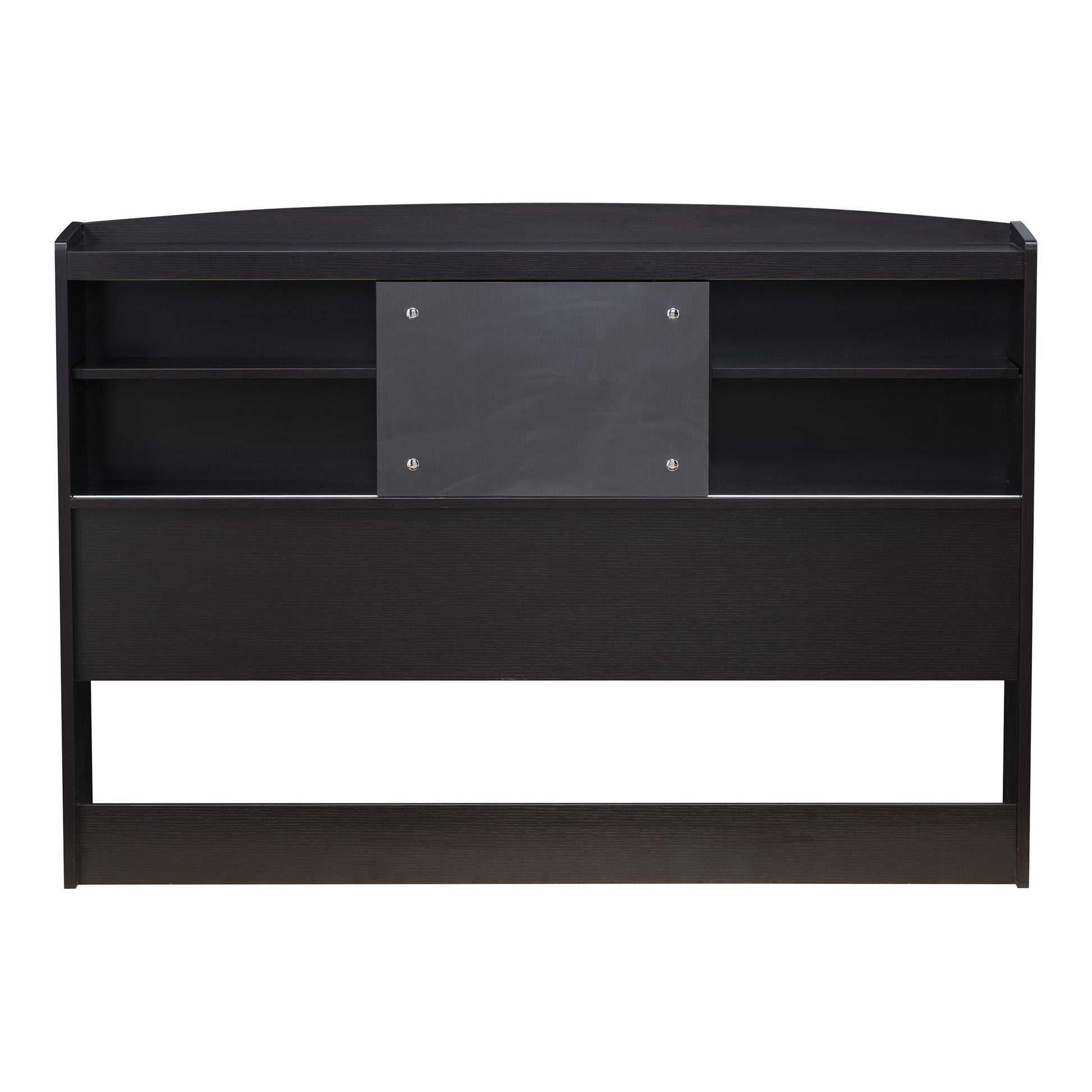 Front-facing contemporary cappuccino six-shelf bookcase headboard with sliding center panel on a white background