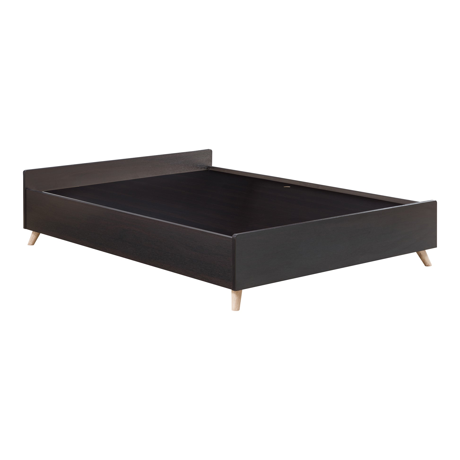 Right angled back/side view of a contemporary cappuccino three-drawer queen platform bed on a white background