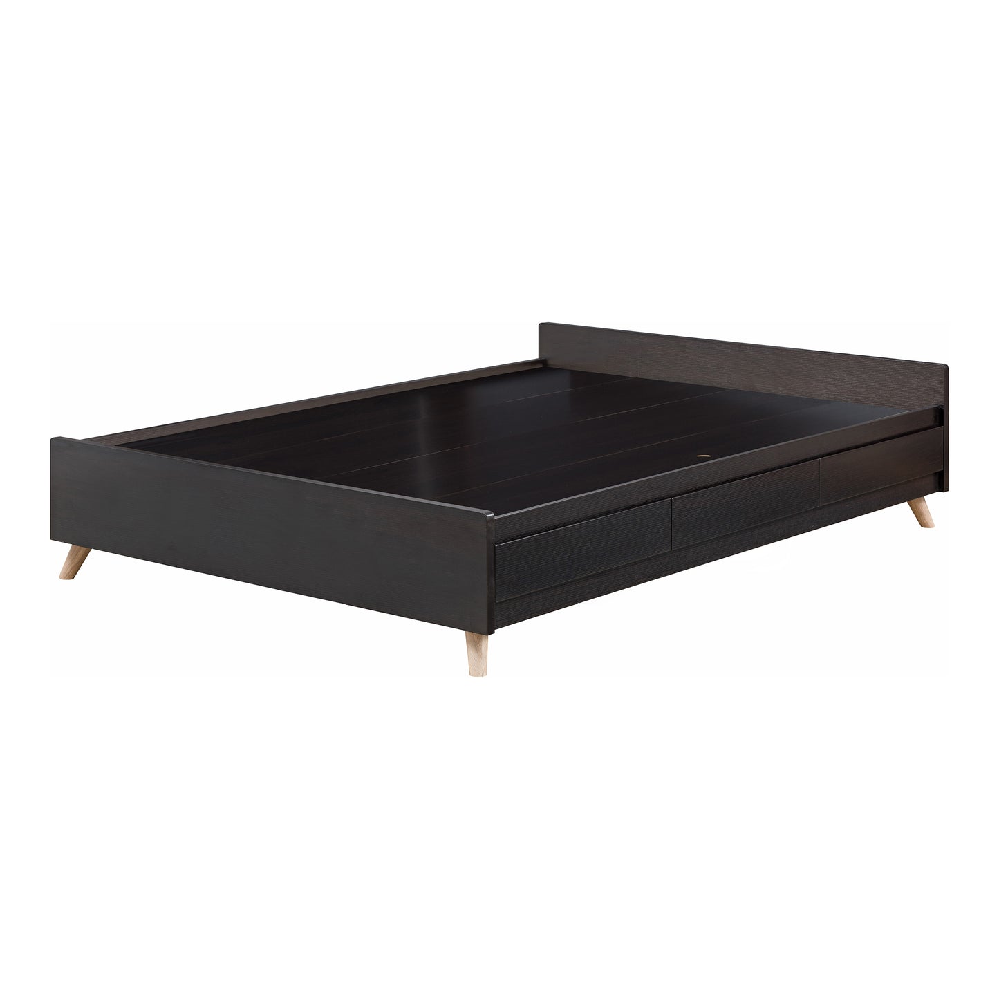 Left angled contemporary cappuccino three-drawer queen platform bed on a white background