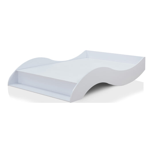 Left angled contemporary white curvy queen platform bed on a white background