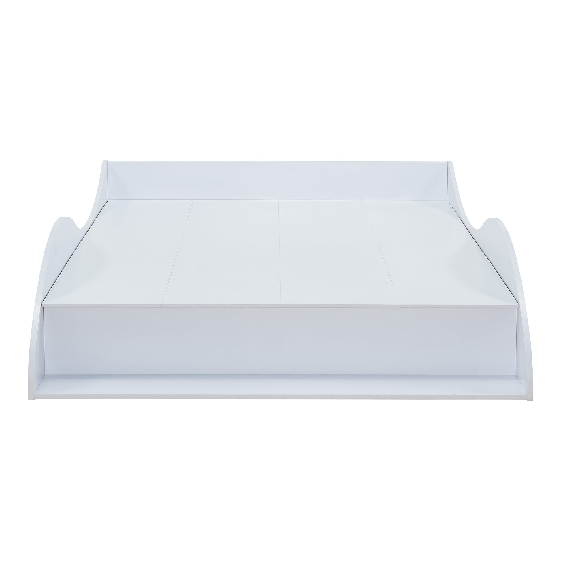 Front-facing contemporary white curvy queen platform bed on a white background