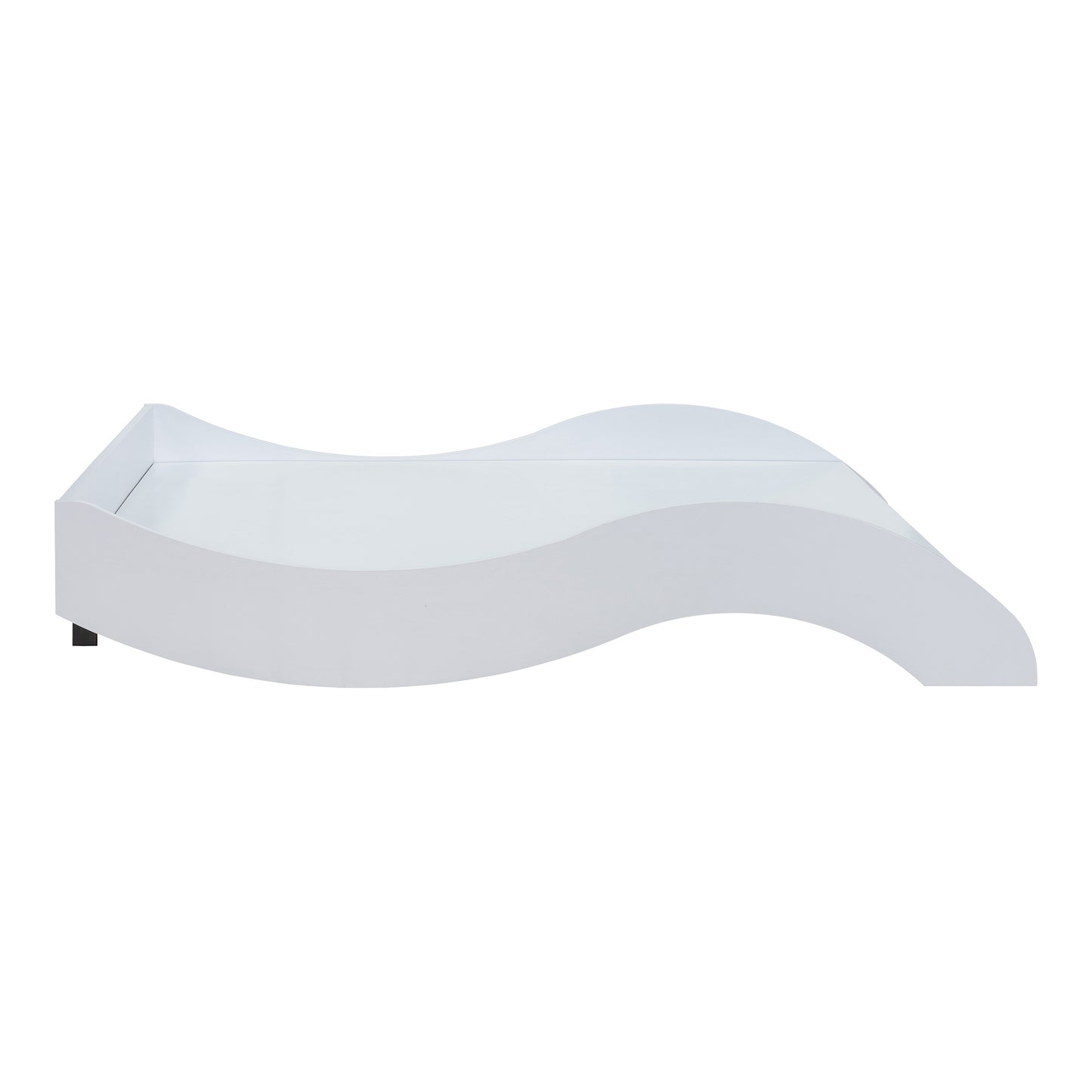 Front-facing side view of a contemporary white curvy queen platform bed on a white background