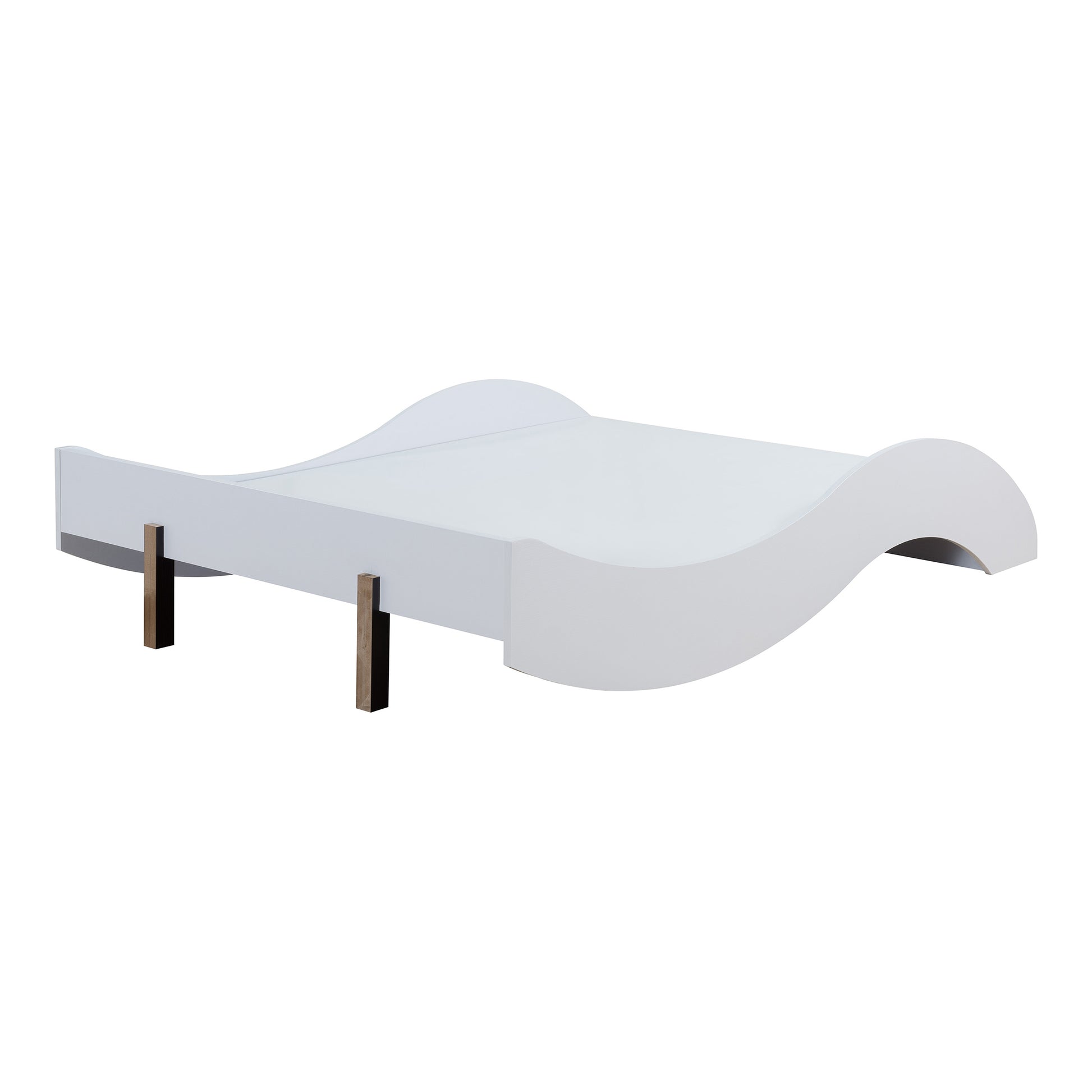 Left angled back/side view of a contemporary white curvy queen platform bed on a white background