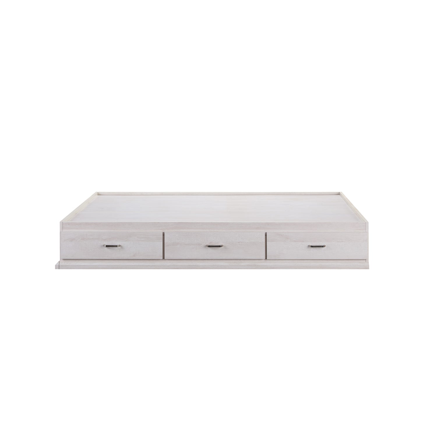 Front-facing side view of a contemporary three-drawer storage bed on a white background