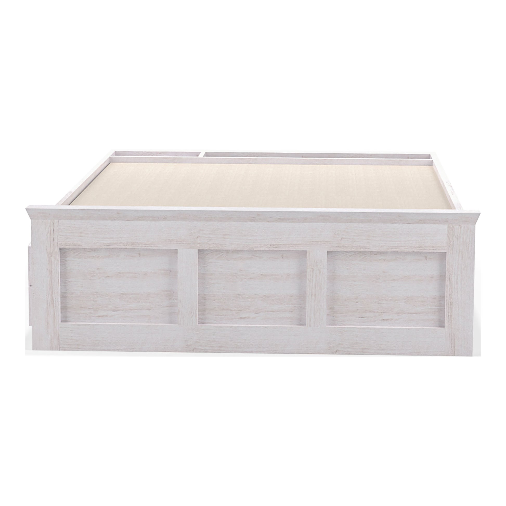 Front-facing transitional white oak two-drawer four-shelf storage bed on a white background