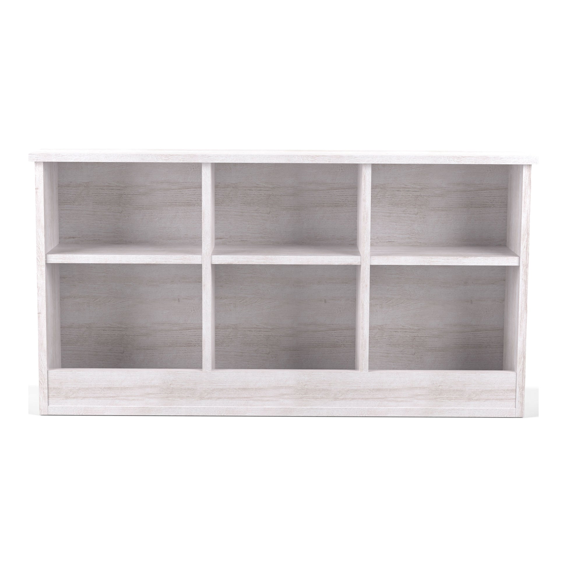 Front-facing optional bookcase headboard only from a transitional white oak two-drawer four-shelf storage bed on a white background