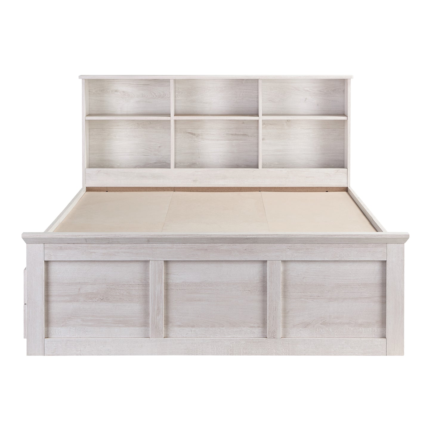 Front-facing transitional white oak two-drawer four-shelf storage bed shown with optional bookcase headboard on a white background