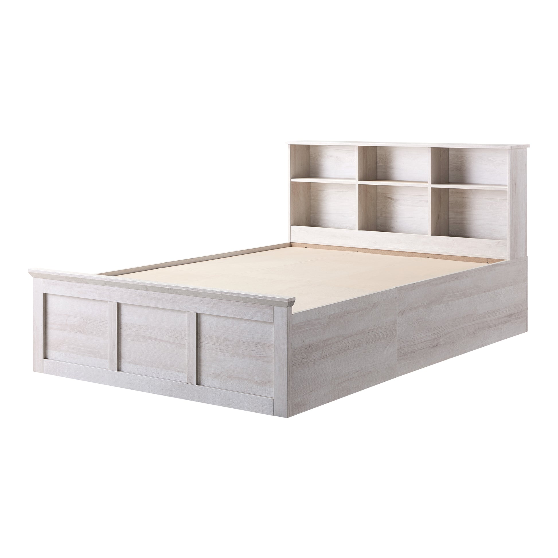 Left angled transitional white oak two-drawer four-shelf storage bed shown with optional bookcase headboard on a white background