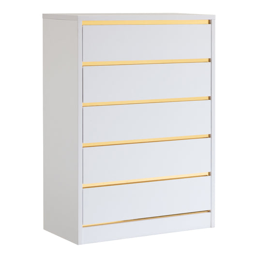 Right angled modern white and gold five-drawer tall dresser on a white background