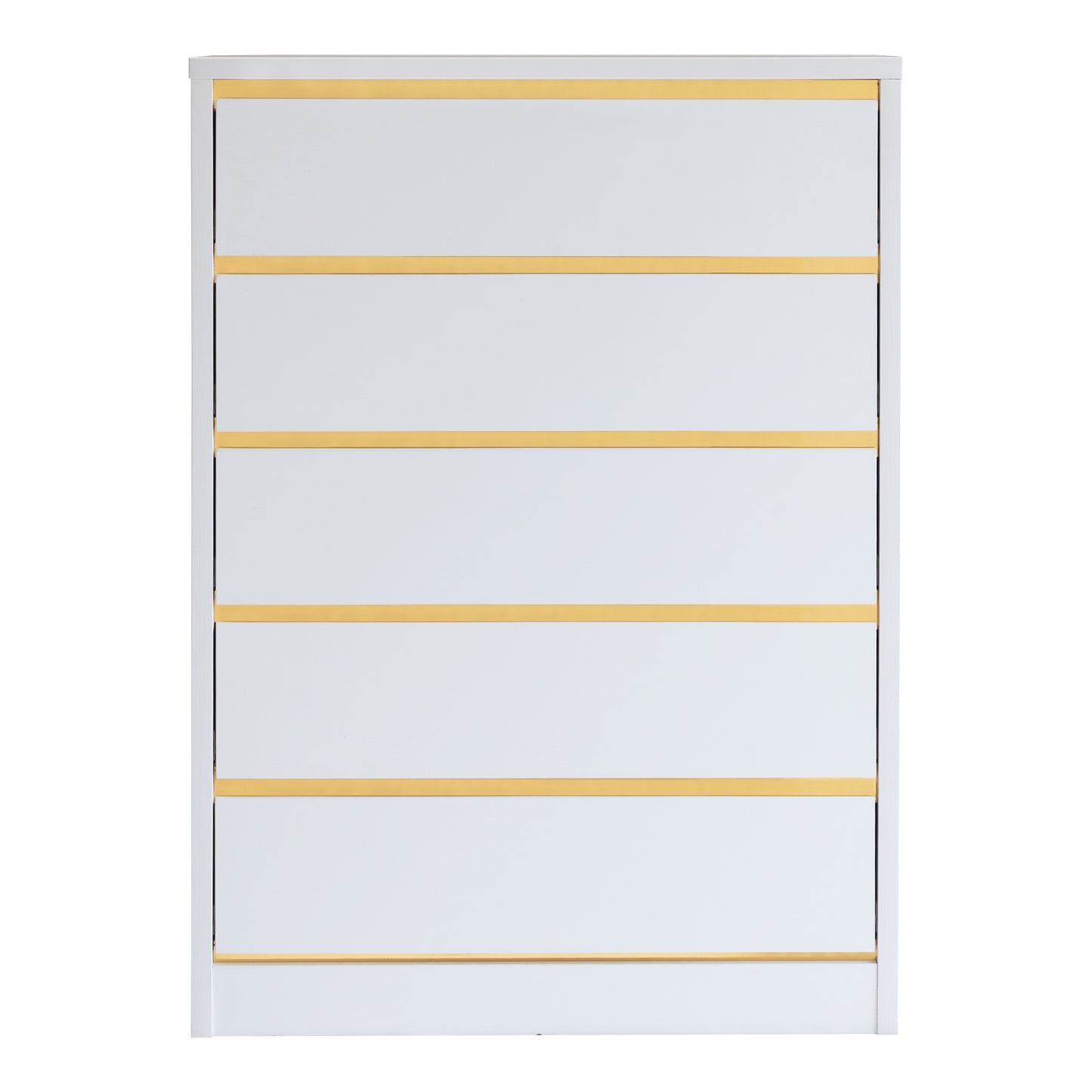 Front-facing modern white and gold five-drawer tall dresser on a white background