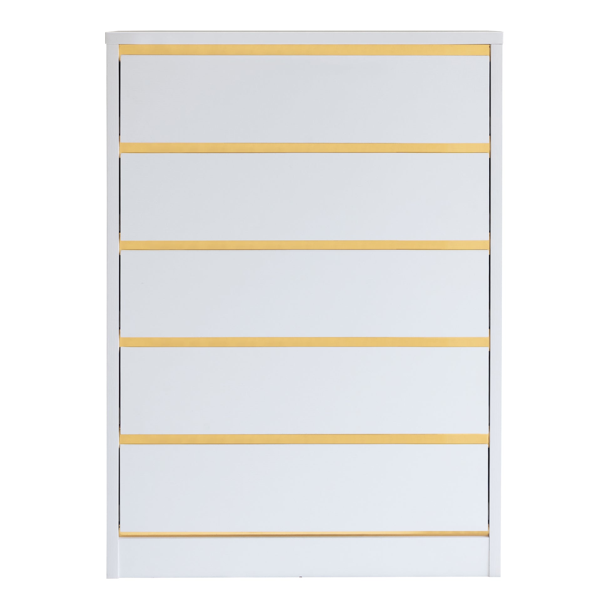 Front-facing modern white and gold five-drawer tall dresser on a white background