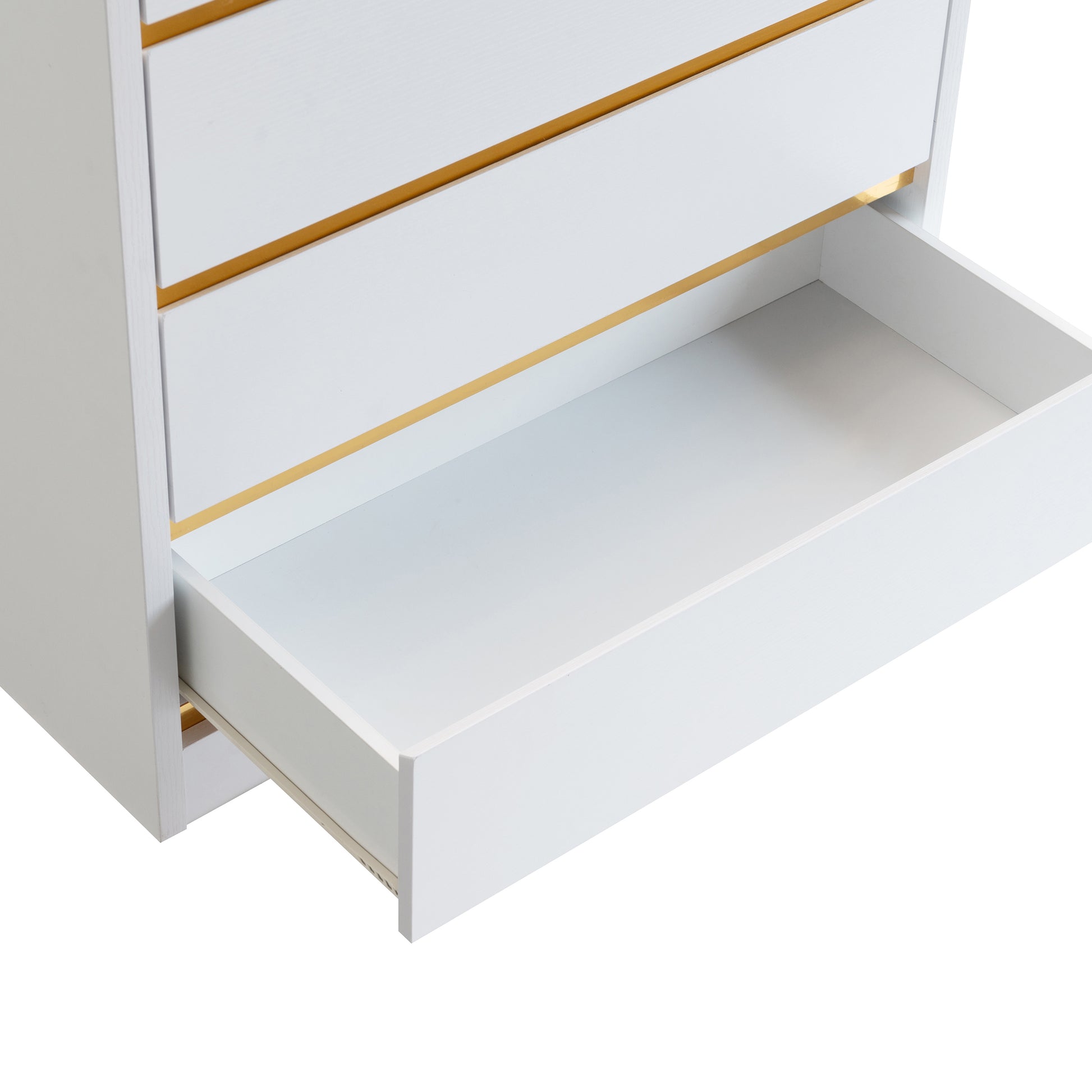 Right angled close-up view of a modern white and gold five-drawer tall dresser with bottom drawer open on a white background