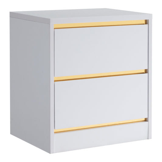 Right angled modern white and gold two-drawer nightstand on a white background