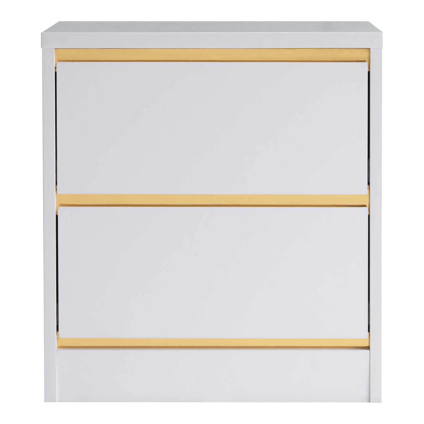 Front-facing modern white and gold two-drawer nightstand on a white background