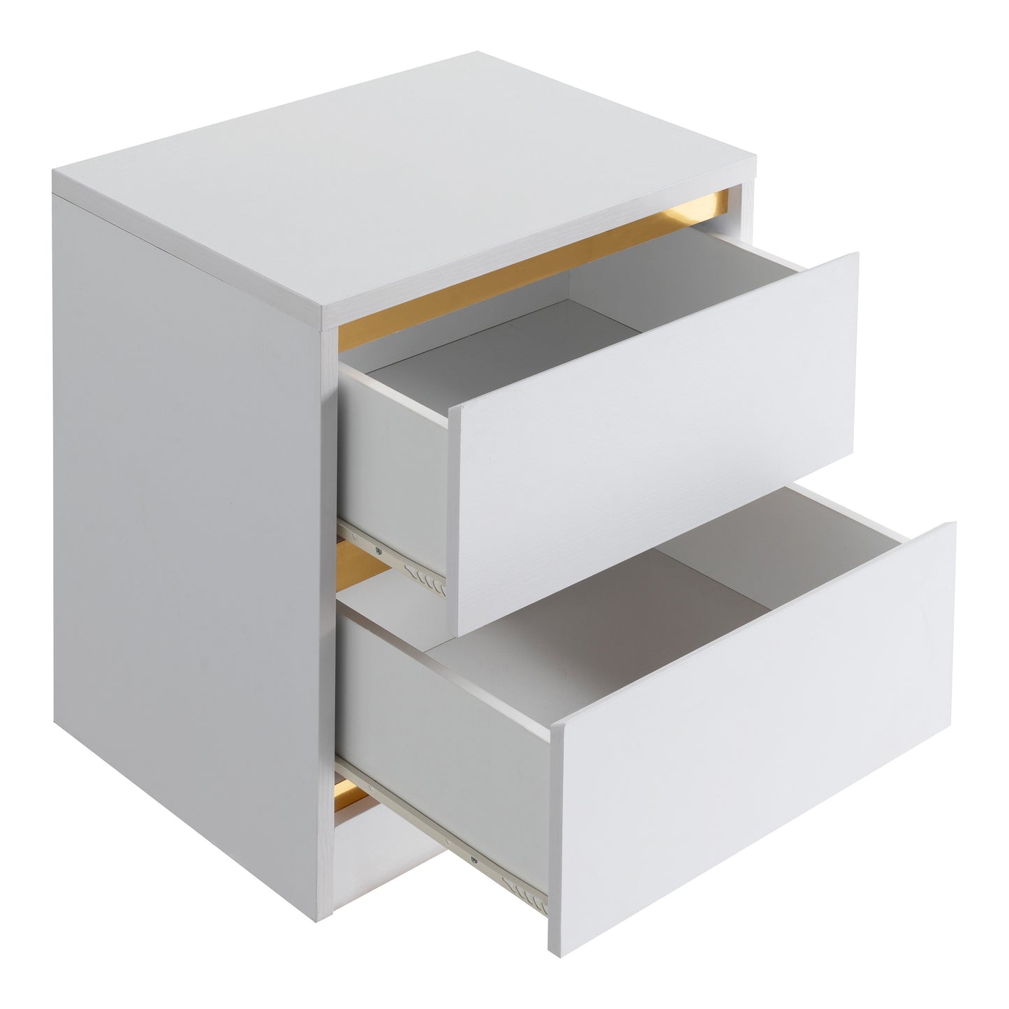 Right angled modern white and gold two-drawer nightstand with drawers open on a white background