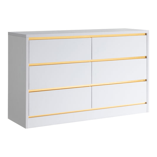 Right angled modern white and gold six-drawer double dresser on a white background