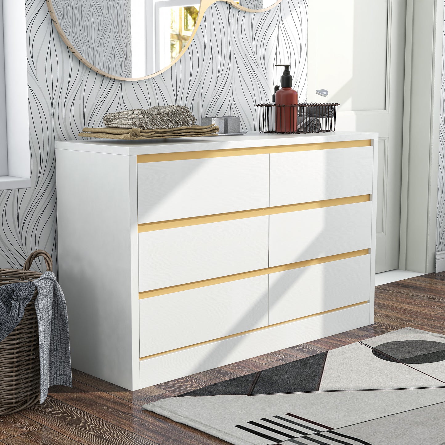 Right angled modern white and gold six-drawer double dresser in a bedroom with accessories