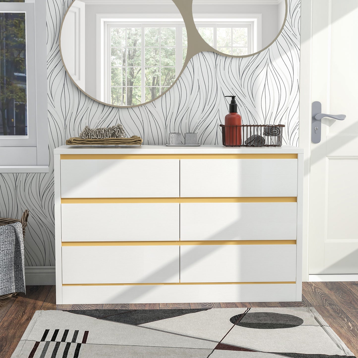 Front-facing modern white and gold six-drawer double dresser in a bedroom with accessories