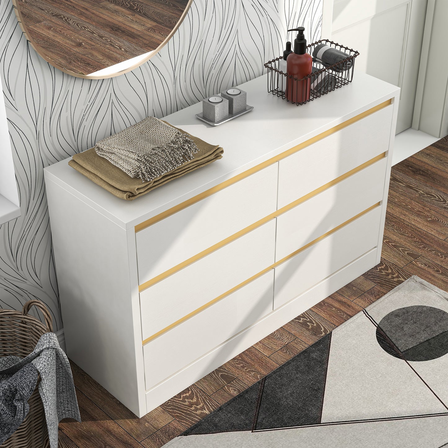 Right angled bird's eye view of a modern white and gold six-drawer double dresser in a bedroom with accessories