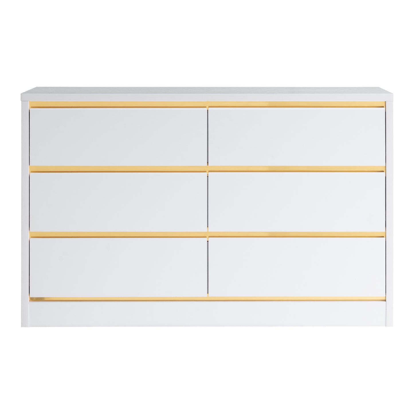 Front-facing modern white and gold six-drawer double dresser on a white background