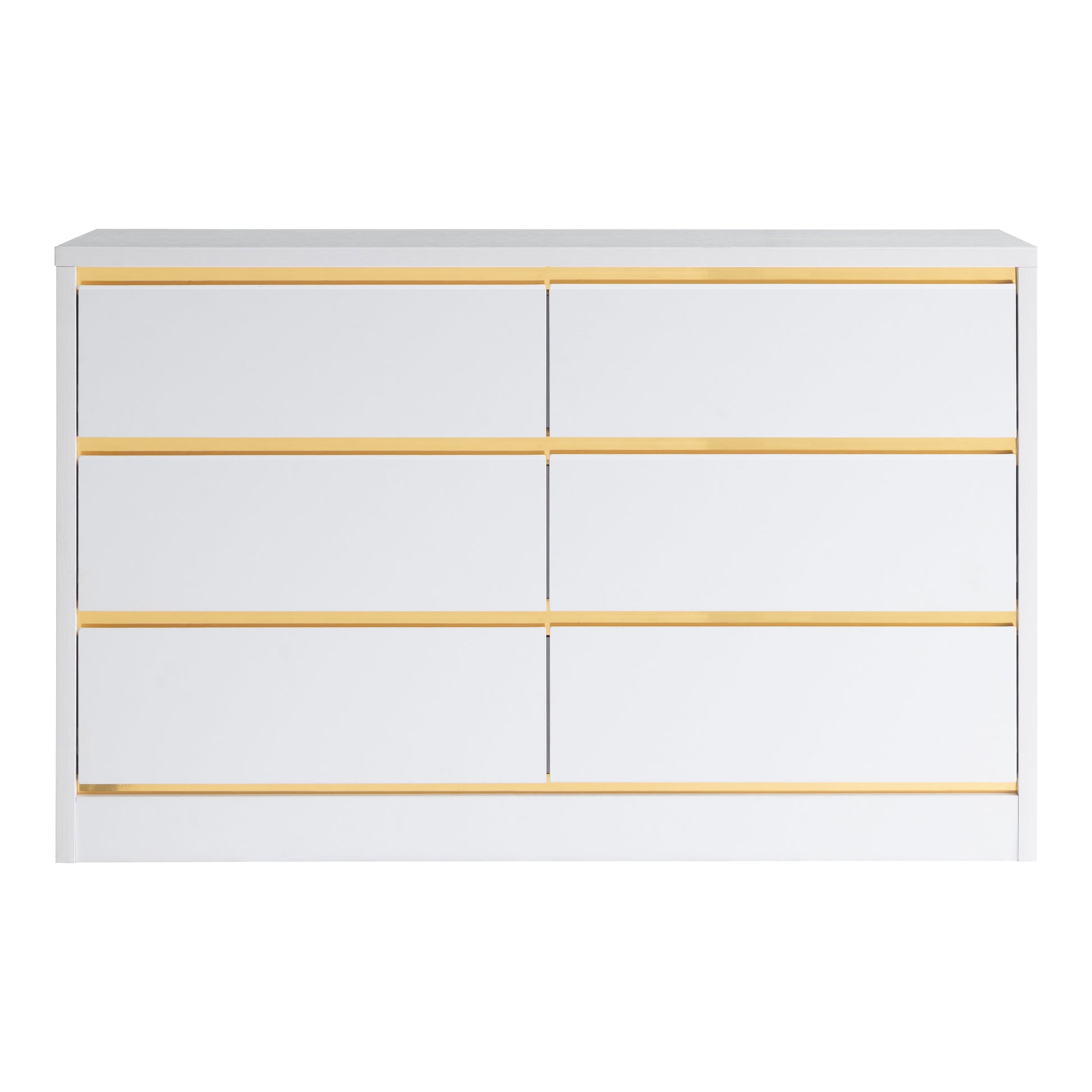 Front-facing modern white and gold six-drawer double dresser on a white background