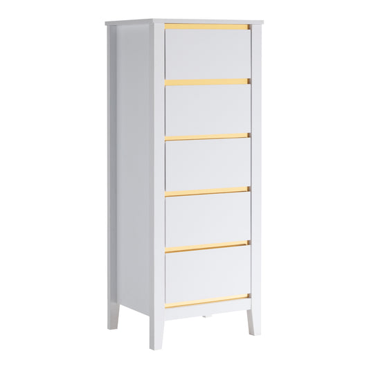 Right angled modern white and gold five-drawer lingerie chest on a white background