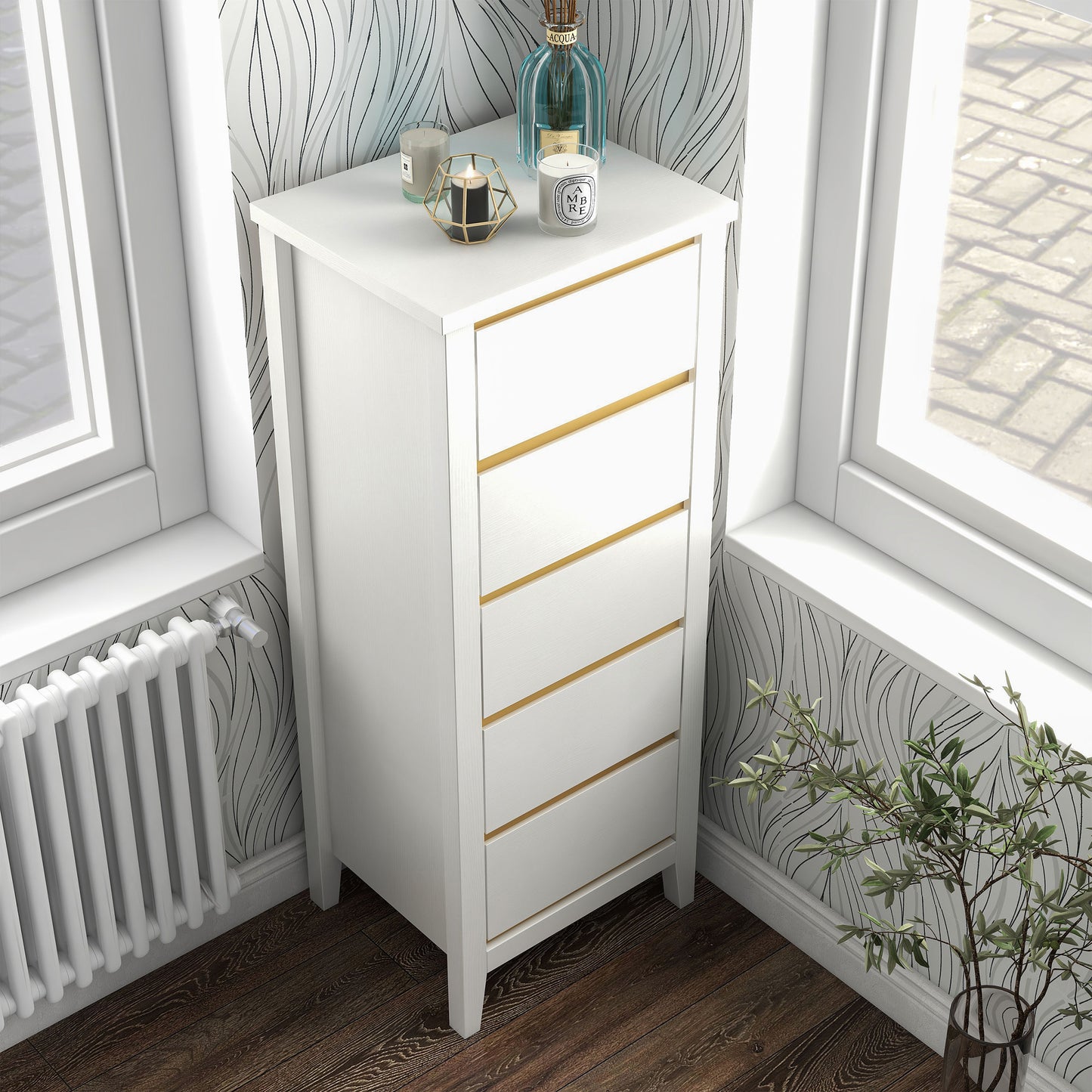 Right angled bird's eye view of a modern white and gold five-drawer lingerie chest in a bedroom with accessories